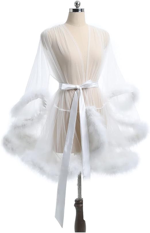 JINHANYU Robes for women Tulle robe Feather Robe Sexy Sheer Mesh Fur Bridal Illusion Boudoir Bathrobe Nightgown