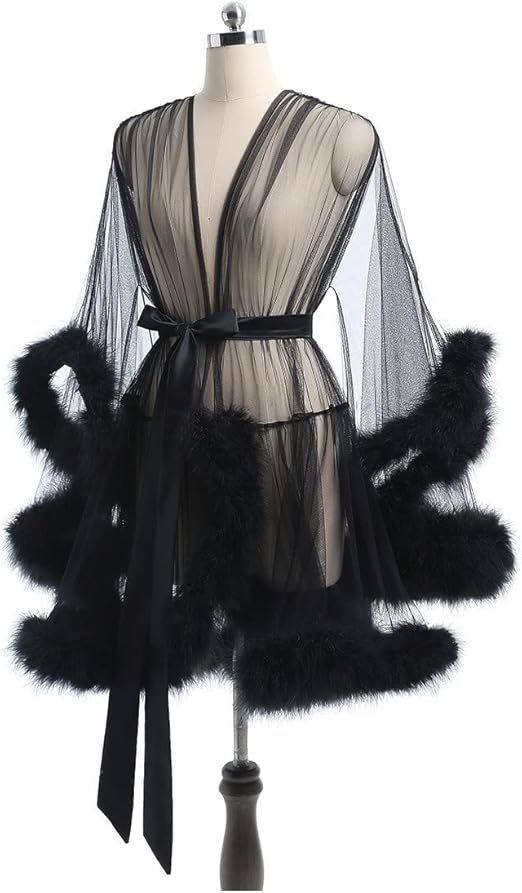 JINHANYU Robes for women Tulle robe Feather Robe Sexy Sheer Mesh Fur Bridal Illusion Boudoir Bathrobe Nightgown