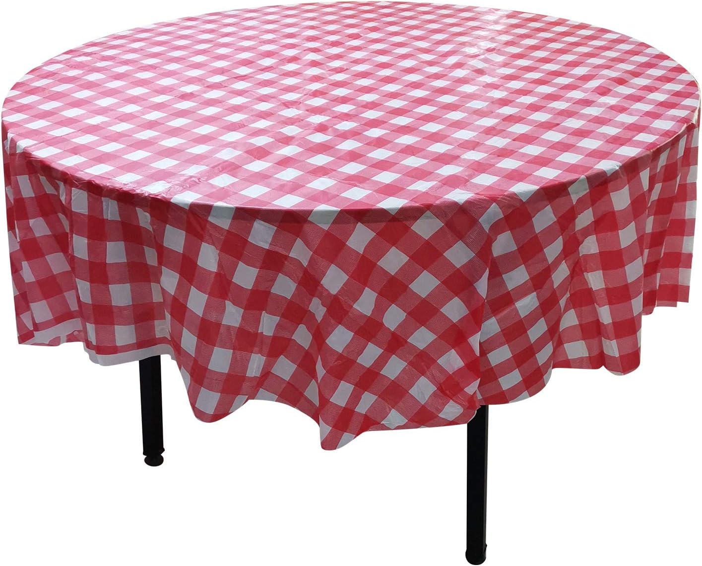 10 Pack Round Plastic Checkered BBQ Tablecloth -Red & White Checkered Gingham Tablecloth -Plastic Picnic Table Covers.